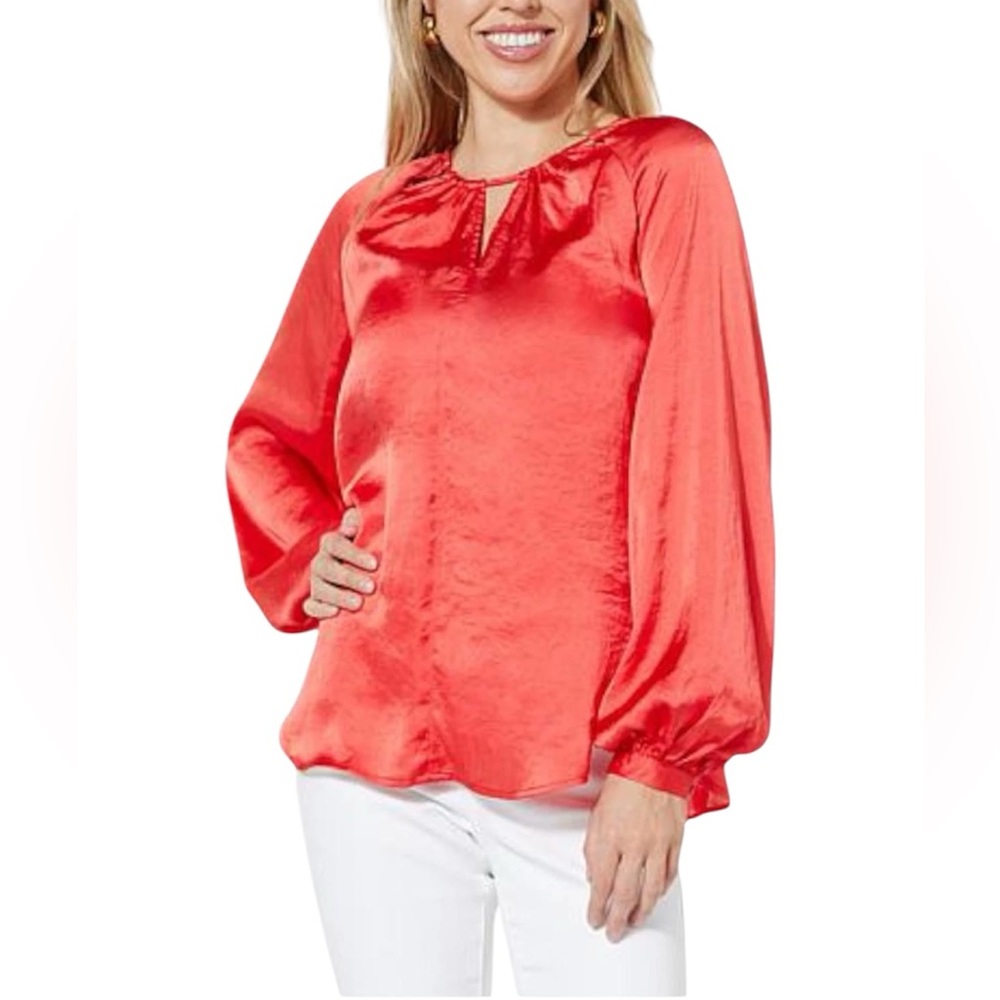 DG2 by Diane Gilman Women's V-Neck Satin Hi-Low Hem Blouse Coral Size 3X
